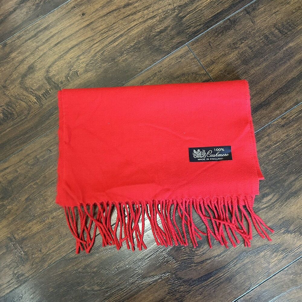 Red 100% Cashmere Scarf Made in England 63” x 12” Fringe Soft Luxury Unisex